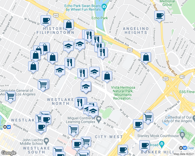 map of restaurants, bars, coffee shops, grocery stores, and more near 1552 Rockwood Street in Los Angeles