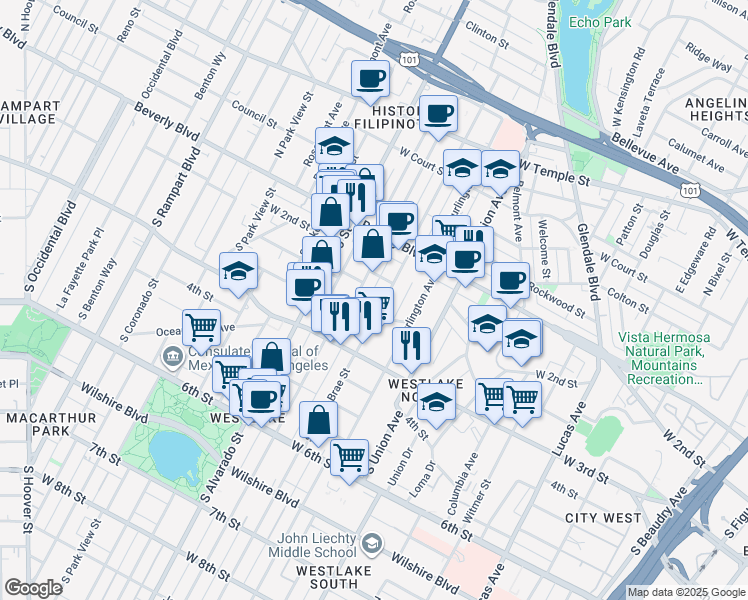 map of restaurants, bars, coffee shops, grocery stores, and more near 236 South Bonnie Brae Street in Los Angeles