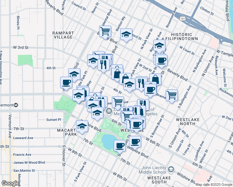 map of restaurants, bars, coffee shops, grocery stores, and more near 412 South Park View Street in Los Angeles