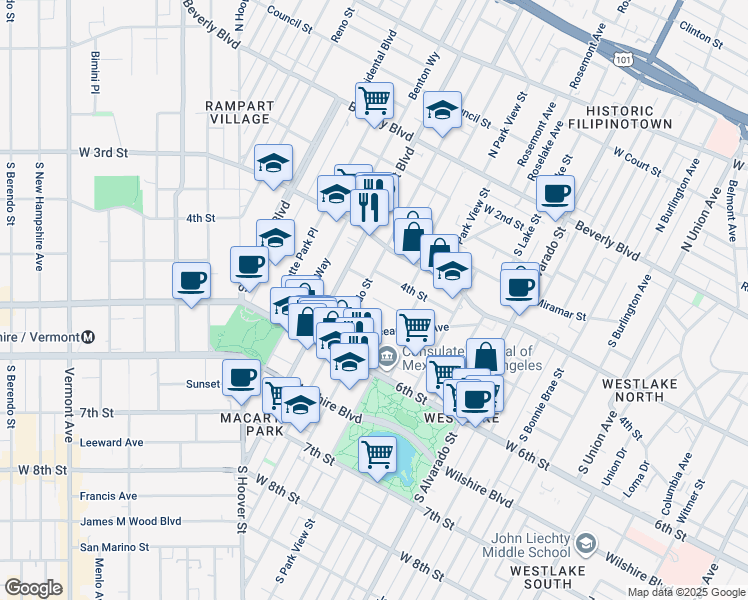 map of restaurants, bars, coffee shops, grocery stores, and more near 2536 West 5th Street in Los Angeles