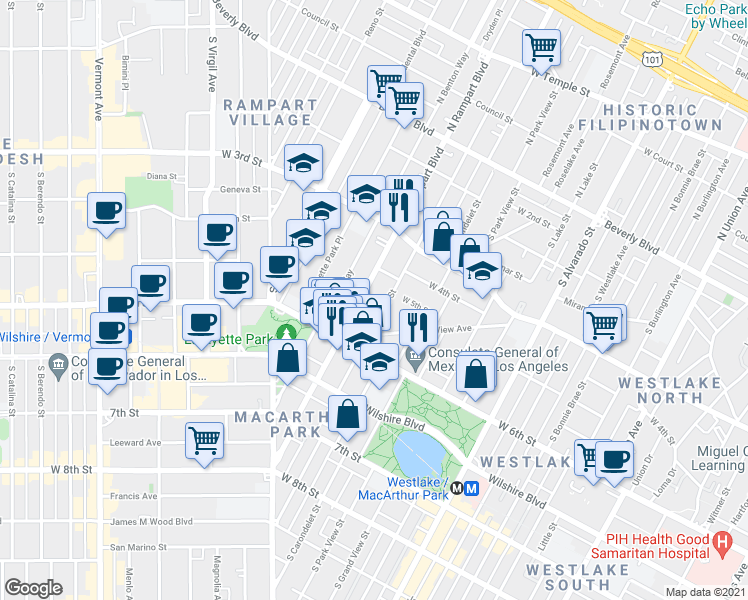 map of restaurants, bars, coffee shops, grocery stores, and more near 517 South Coronado Street in Los Angeles