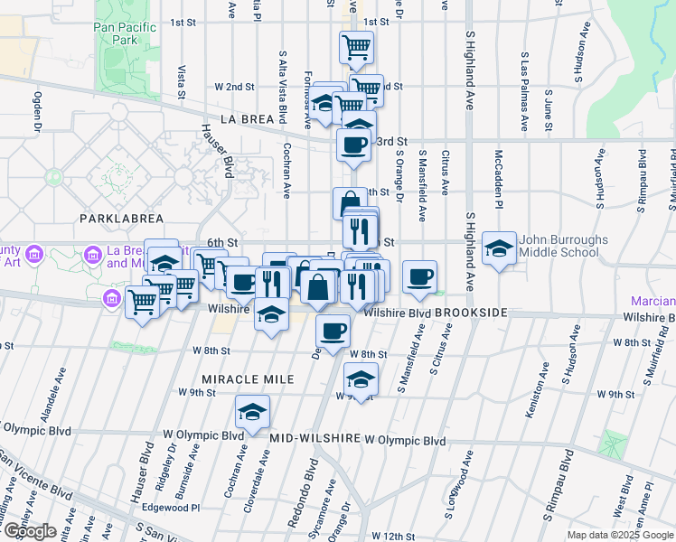 map of restaurants, bars, coffee shops, grocery stores, and more near 649 South Detroit Street in Los Angeles
