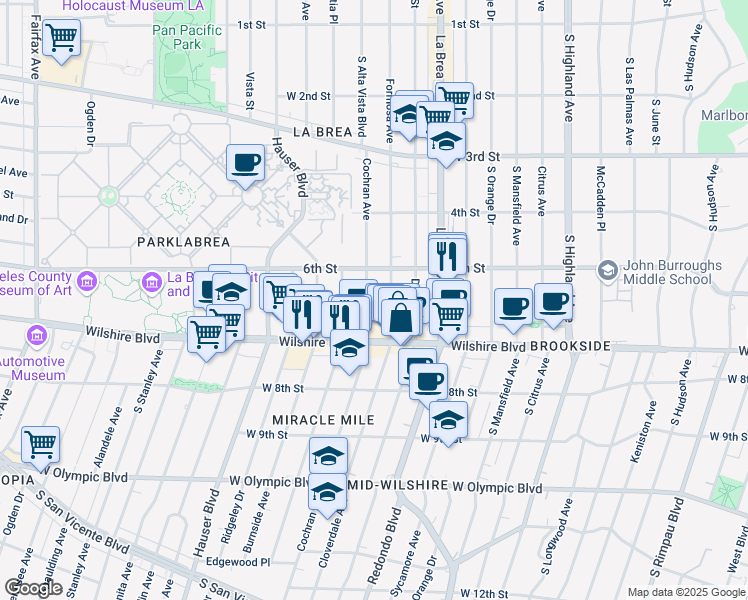 map of restaurants, bars, coffee shops, grocery stores, and more near 650 South Cochran Avenue in Los Angeles