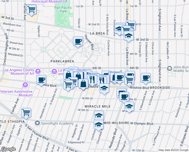 map of restaurants, bars, coffee shops, grocery stores, and more near 648 South Ridgeley Drive in Los Angeles