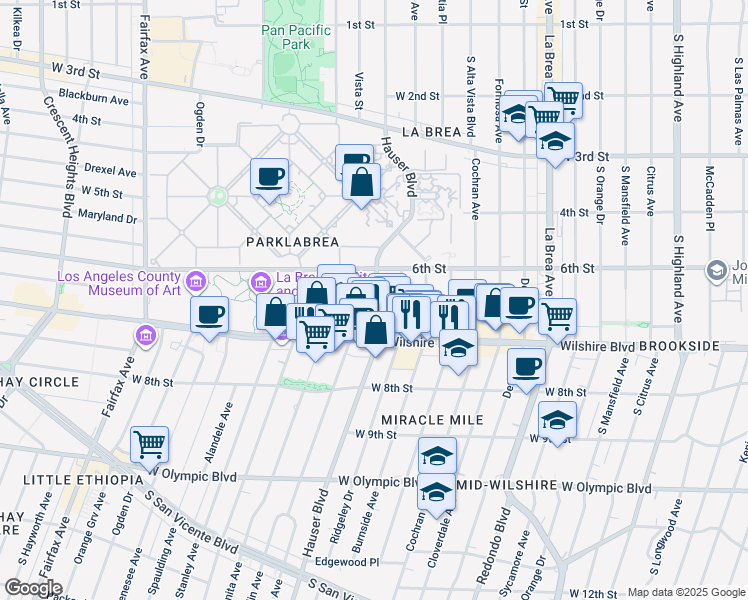 map of restaurants, bars, coffee shops, grocery stores, and more near 644 1/2 Hauser Boulevard in Los Angeles