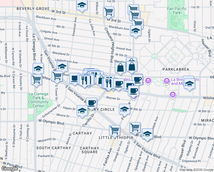 map of restaurants, bars, coffee shops, grocery stores, and more near in Los Angeles