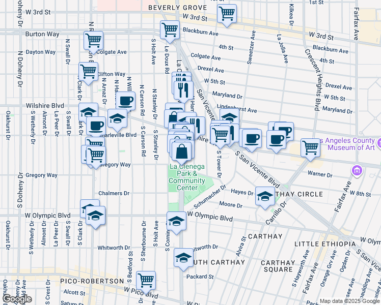 map of restaurants, bars, coffee shops, grocery stores, and more near 219 South Hamilton Drive in Beverly Hills