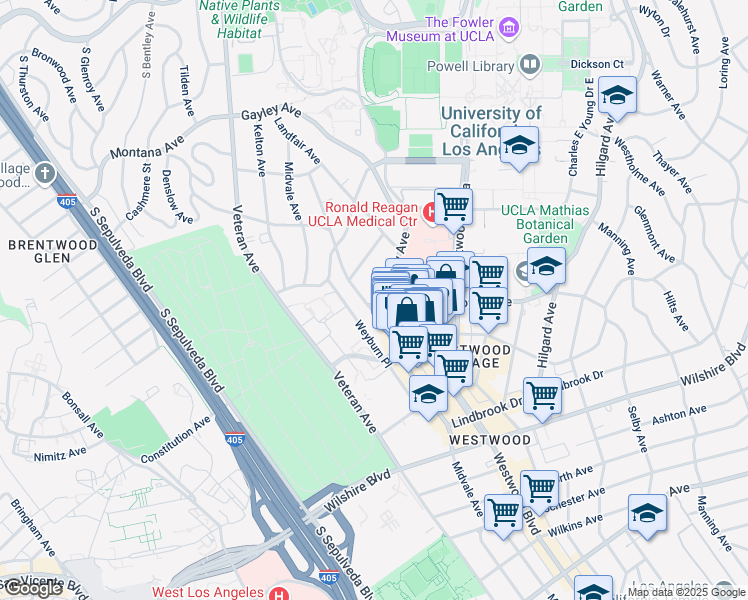 map of restaurants, bars, coffee shops, grocery stores, and more near 885 Levering Avenue in Los Angeles