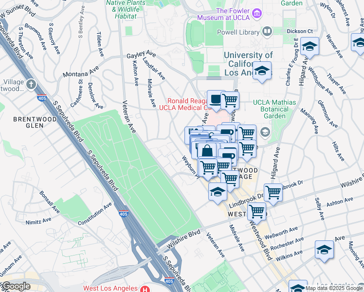 map of restaurants, bars, coffee shops, grocery stores, and more near 885 Levering Avenue in Los Angeles