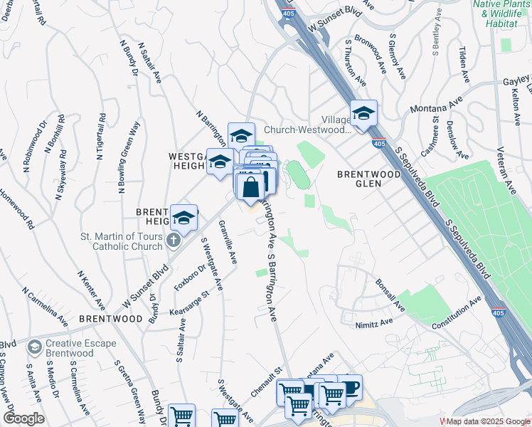 map of restaurants, bars, coffee shops, grocery stores, and more near 200 South Barrington Avenue in Los Angeles