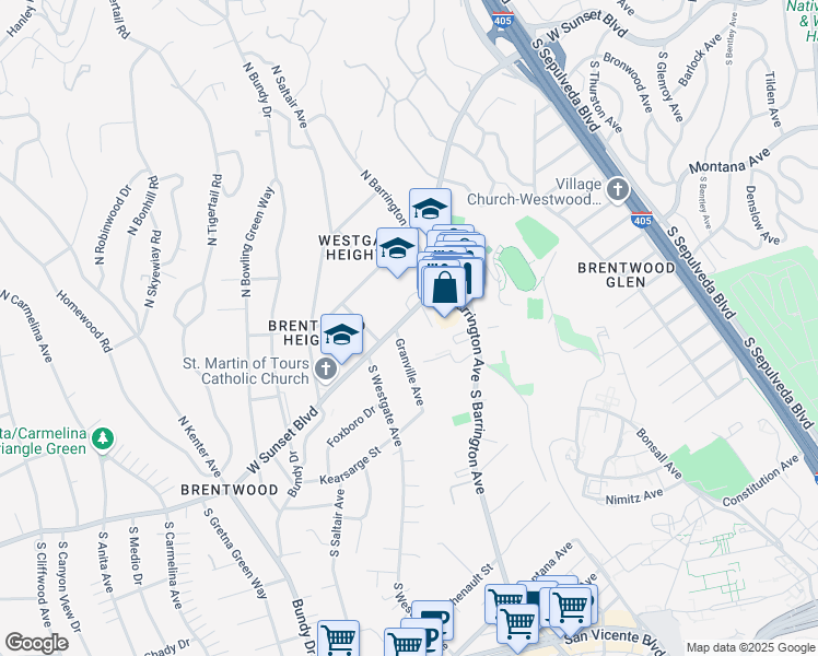 map of restaurants, bars, coffee shops, grocery stores, and more near 110 Granville Avenue in Los Angeles