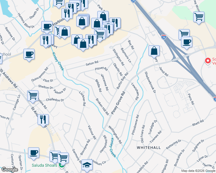 map of restaurants, bars, coffee shops, grocery stores, and more near 222 Vincenne Road in Columbia