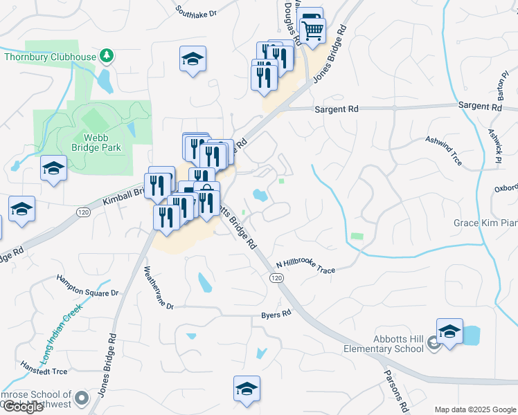 map of restaurants, bars, coffee shops, grocery stores, and more near 1315 Addison Lane in Johns Creek