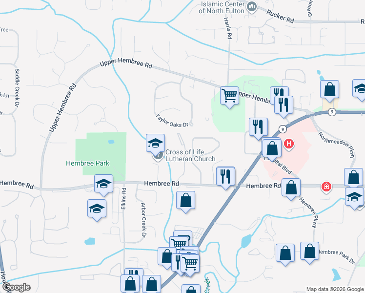 map of restaurants, bars, coffee shops, grocery stores, and more near 428 Streamside Drive in Roswell