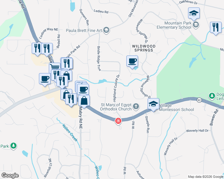 map of restaurants, bars, coffee shops, grocery stores, and more near 11625 Laurel Lake Drive in Roswell