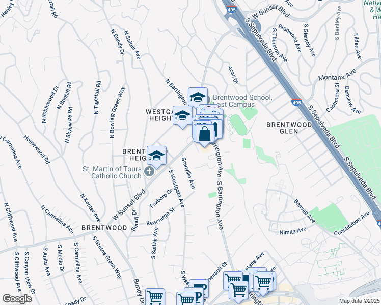 map of restaurants, bars, coffee shops, grocery stores, and more near 11750 Sunset Boulevard in Los Angeles
