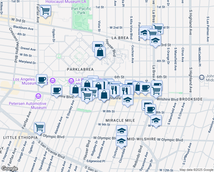 map of restaurants, bars, coffee shops, grocery stores, and more near 630 Hauser Boulevard in Los Angeles