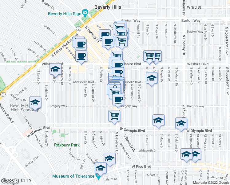 map of restaurants, bars, coffee shops, grocery stores, and more near 241 1/2 South Beverly Drive in Beverly Hills