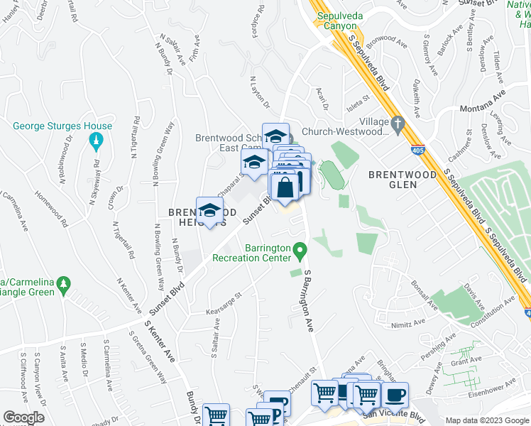map of restaurants, bars, coffee shops, grocery stores, and more near 11750 West Sunset Boulevard in Los Angeles