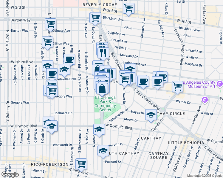 map of restaurants, bars, coffee shops, grocery stores, and more near 212 South Hamilton Drive in Beverly Hills