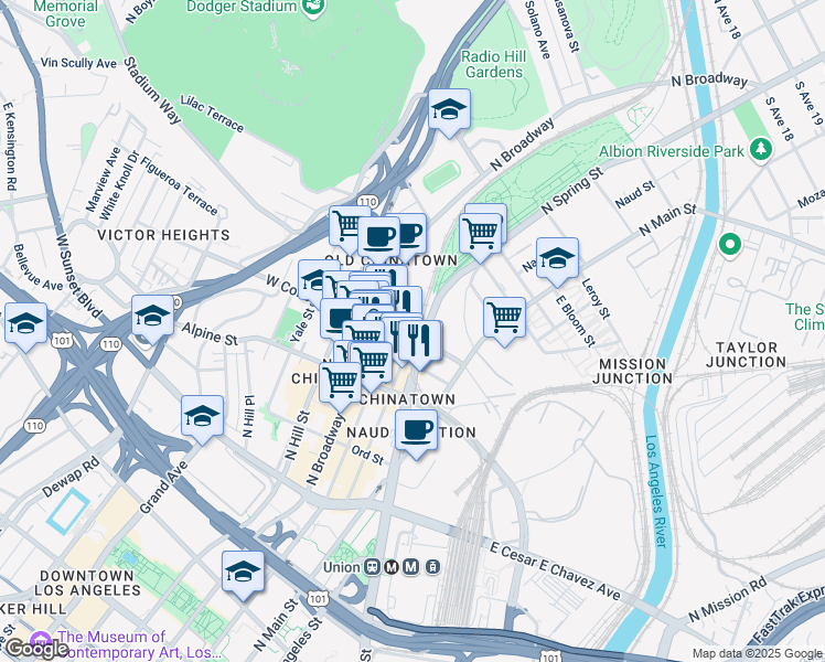 map of restaurants, bars, coffee shops, grocery stores, and more near 900 North Broadway in Los Angeles