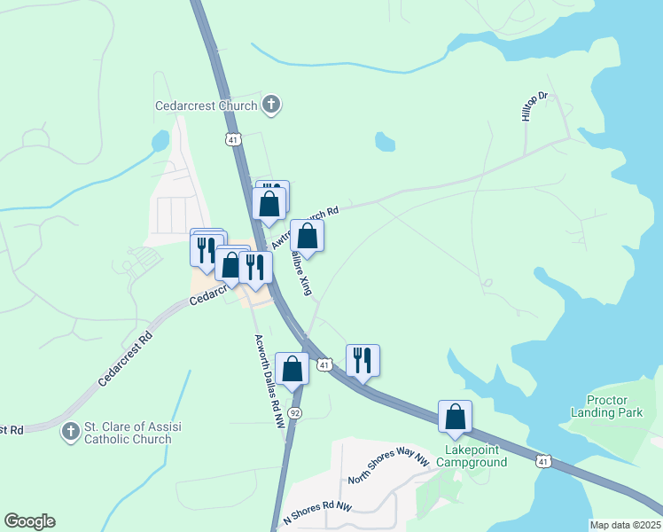 map of restaurants, bars, coffee shops, grocery stores, and more near 4433 Old Acworth Dallas Road Northwest in Acworth