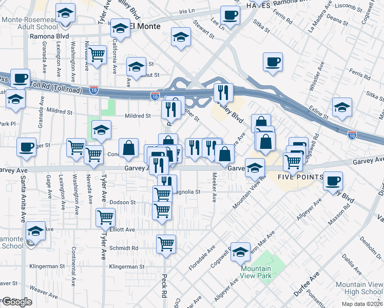 map of restaurants, bars, coffee shops, grocery stores, and more near 11395 Meeker Avenue in El Monte