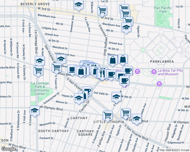 map of restaurants, bars, coffee shops, grocery stores, and more near 6322 Wilshire Boulevard in Los Angeles