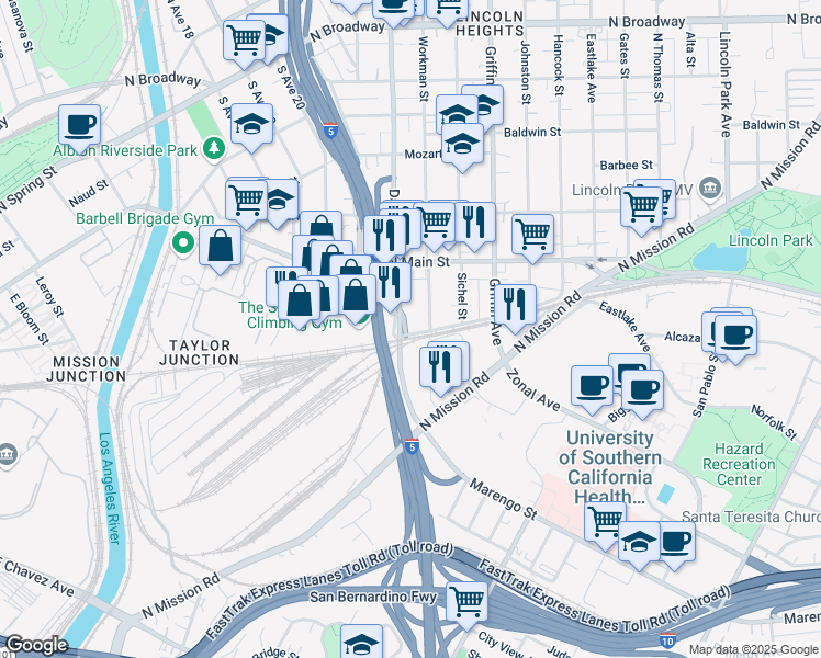 map of restaurants, bars, coffee shops, grocery stores, and more near 2217 Alhambra Ave in Los Angeles
