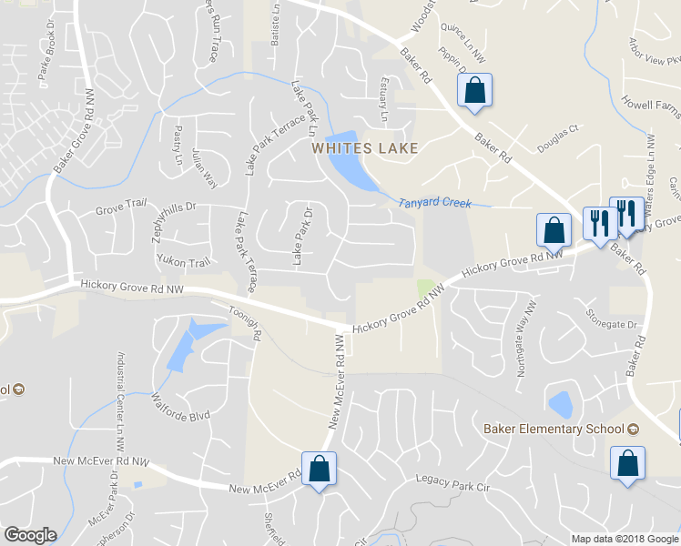 map of restaurants, bars, coffee shops, grocery stores, and more near 2602 Lake Park Bend in Acworth