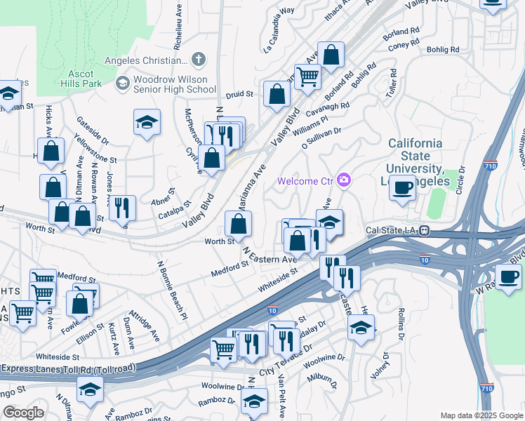 map of restaurants, bars, coffee shops, grocery stores, and more near 1885 Seigneur Avenue in Los Angeles