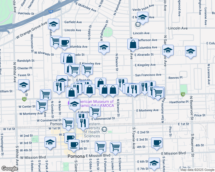 map of restaurants, bars, coffee shops, grocery stores, and more near 327 East Pasadena Street in Pomona