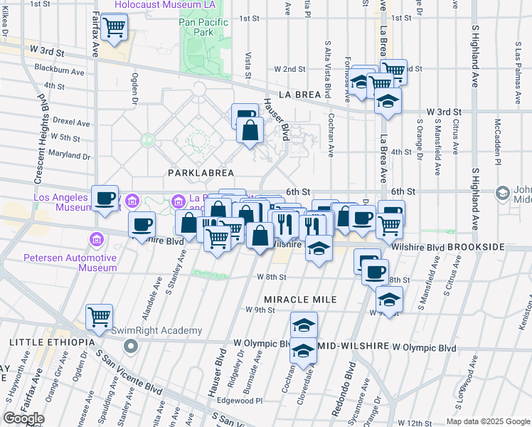 map of restaurants, bars, coffee shops, grocery stores, and more near 630 Hauser Boulevard in Los Angeles