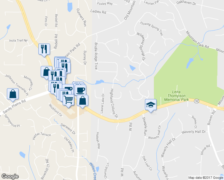 map of restaurants, bars, coffee shops, grocery stores, and more near 11685 Highland Colony Drive in Roswell