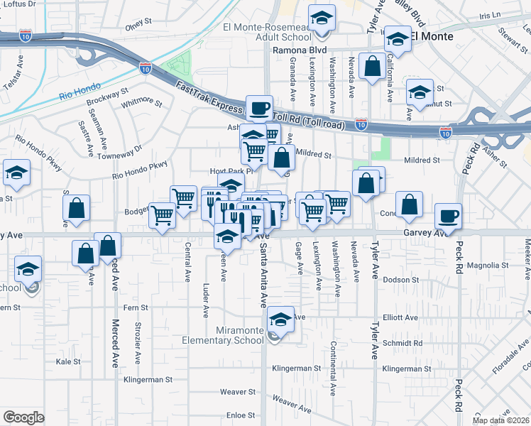 map of restaurants, bars, coffee shops, grocery stores, and more near in El Monte
