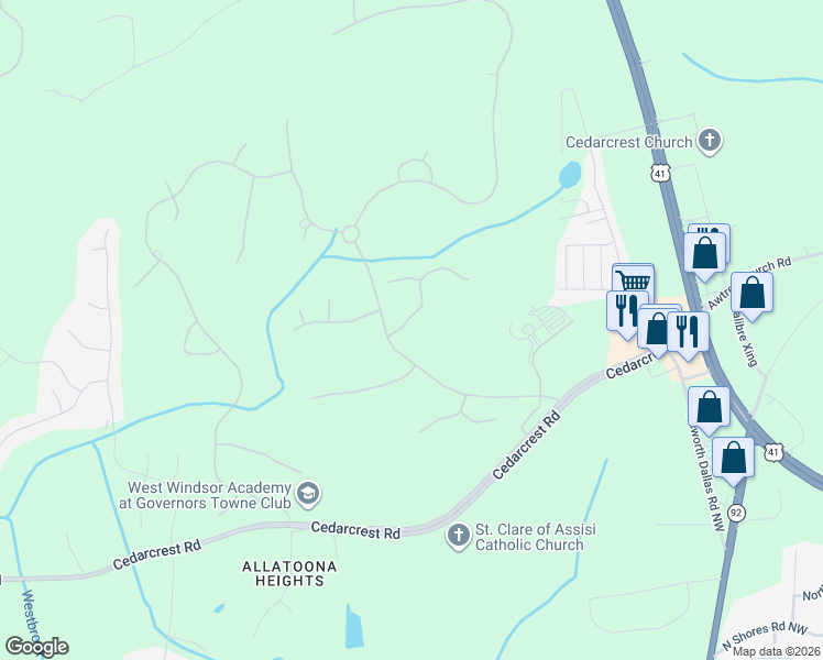 map of restaurants, bars, coffee shops, grocery stores, and more near 6191 Talmadge Run in Acworth