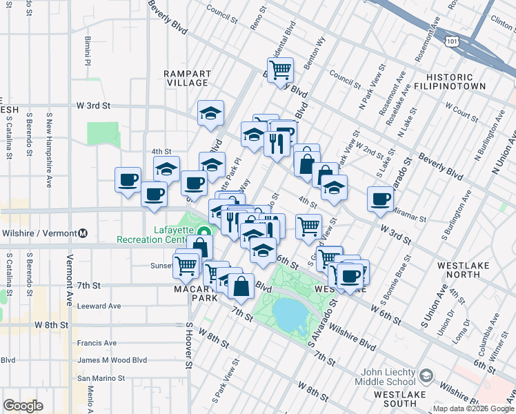 map of restaurants, bars, coffee shops, grocery stores, and more near 434 South Rampart Boulevard in Los Angeles