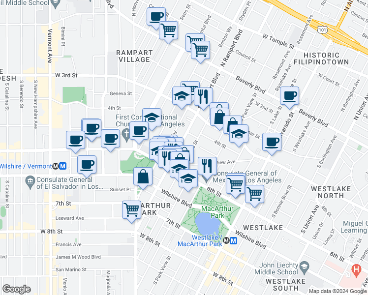 map of restaurants, bars, coffee shops, grocery stores, and more near 434 South Rampart Boulevard in Los Angeles