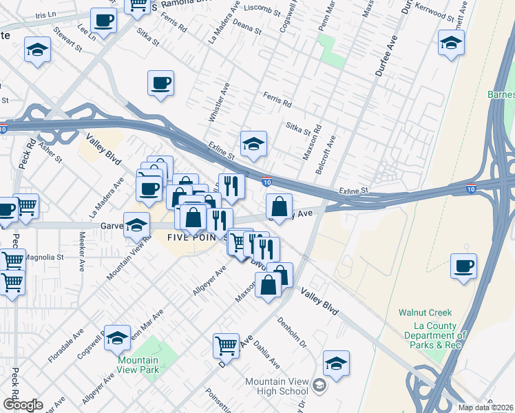 map of restaurants, bars, coffee shops, grocery stores, and more near 12114 1/2 Clora Place in El Monte
