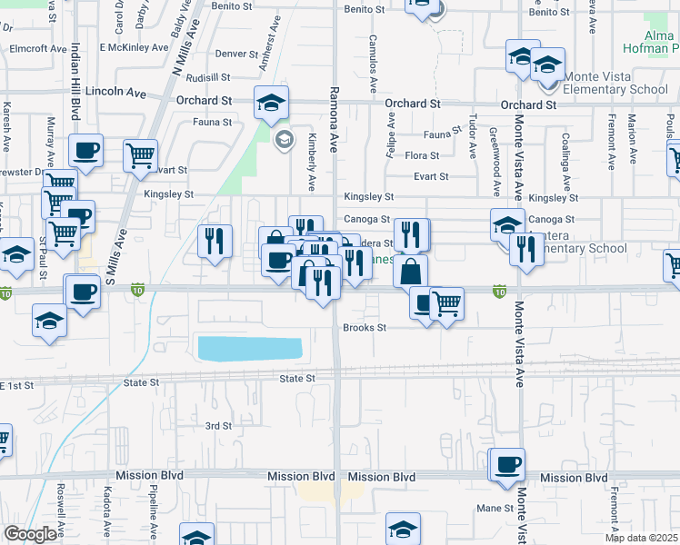 map of restaurants, bars, coffee shops, grocery stores, and more near 10484 Calico Court in Montclair