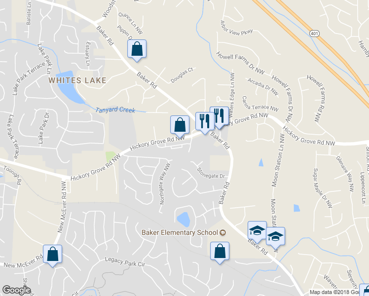 map of restaurants, bars, coffee shops, grocery stores, and more near 2549 Willow Grove Road in Acworth