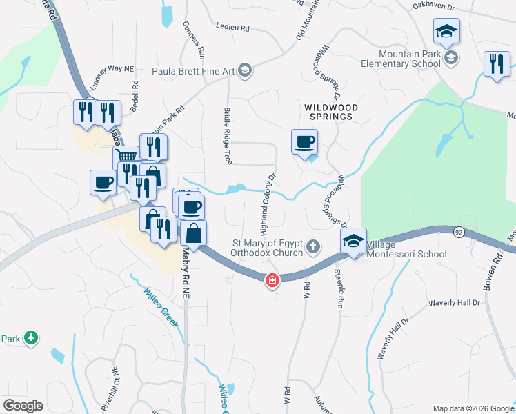 map of restaurants, bars, coffee shops, grocery stores, and more near 11625 Laurel Lake Drive in Roswell