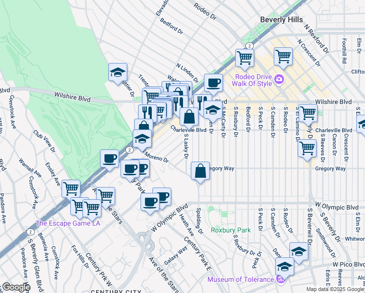 map of restaurants, bars, coffee shops, grocery stores, and more near 9912 Robbins Drive in Beverly Hills