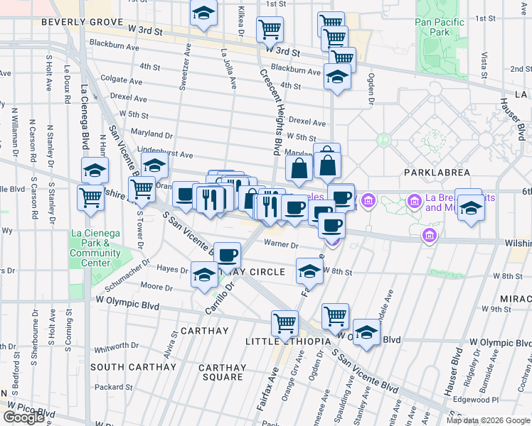 map of restaurants, bars, coffee shops, grocery stores, and more near 6301 Wilshire Boulevard in Los Angeles