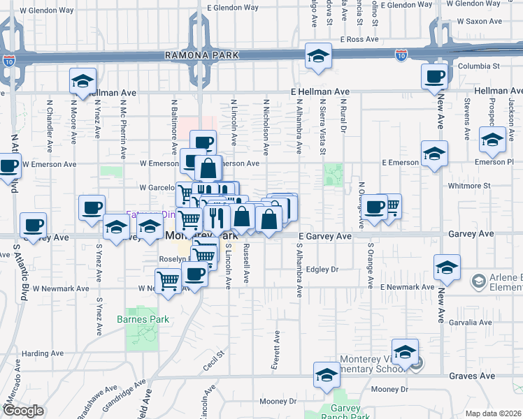 map of restaurants, bars, coffee shops, grocery stores, and more near 195 North Nicholson Avenue in Monterey Park
