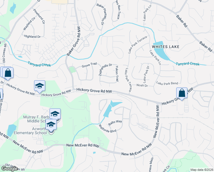 map of restaurants, bars, coffee shops, grocery stores, and more near 3288 Hickory Grove Road Northwest in Acworth