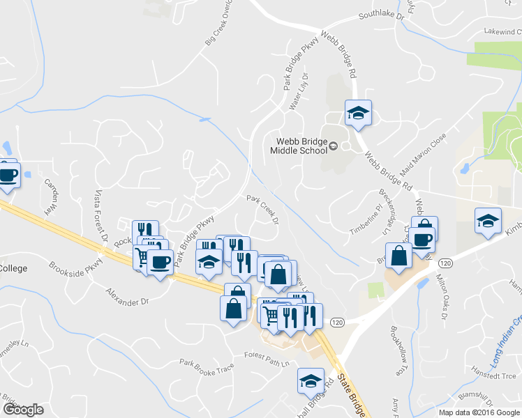 map of restaurants, bars, coffee shops, grocery stores, and more near 165 Park Creek Drive in Alpharetta