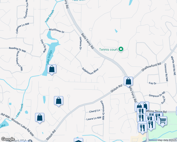 map of restaurants, bars, coffee shops, grocery stores, and more near 579 Delphinium Boulevard in Acworth