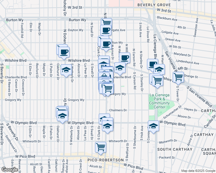 map of restaurants, bars, coffee shops, grocery stores, and more near 221 South Arnaz Drive in Beverly Hills