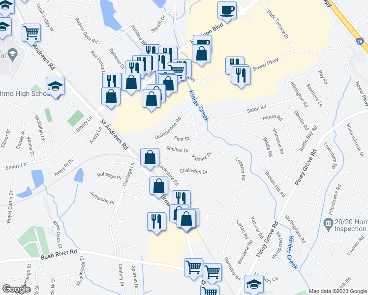 map of restaurants, bars, coffee shops, grocery stores, and more near 500 Shelton Drive in Columbia